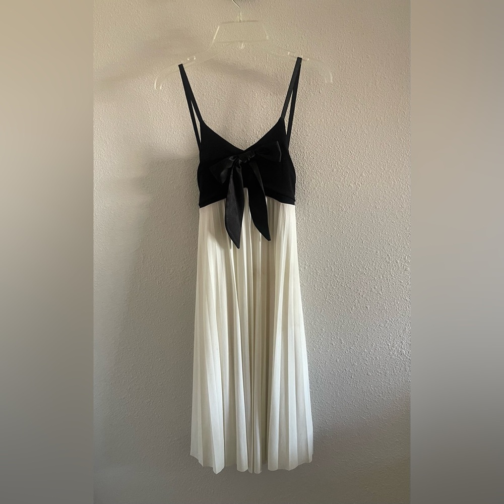 BCX Girls Black and Ivory Pleated Dress with Bow
